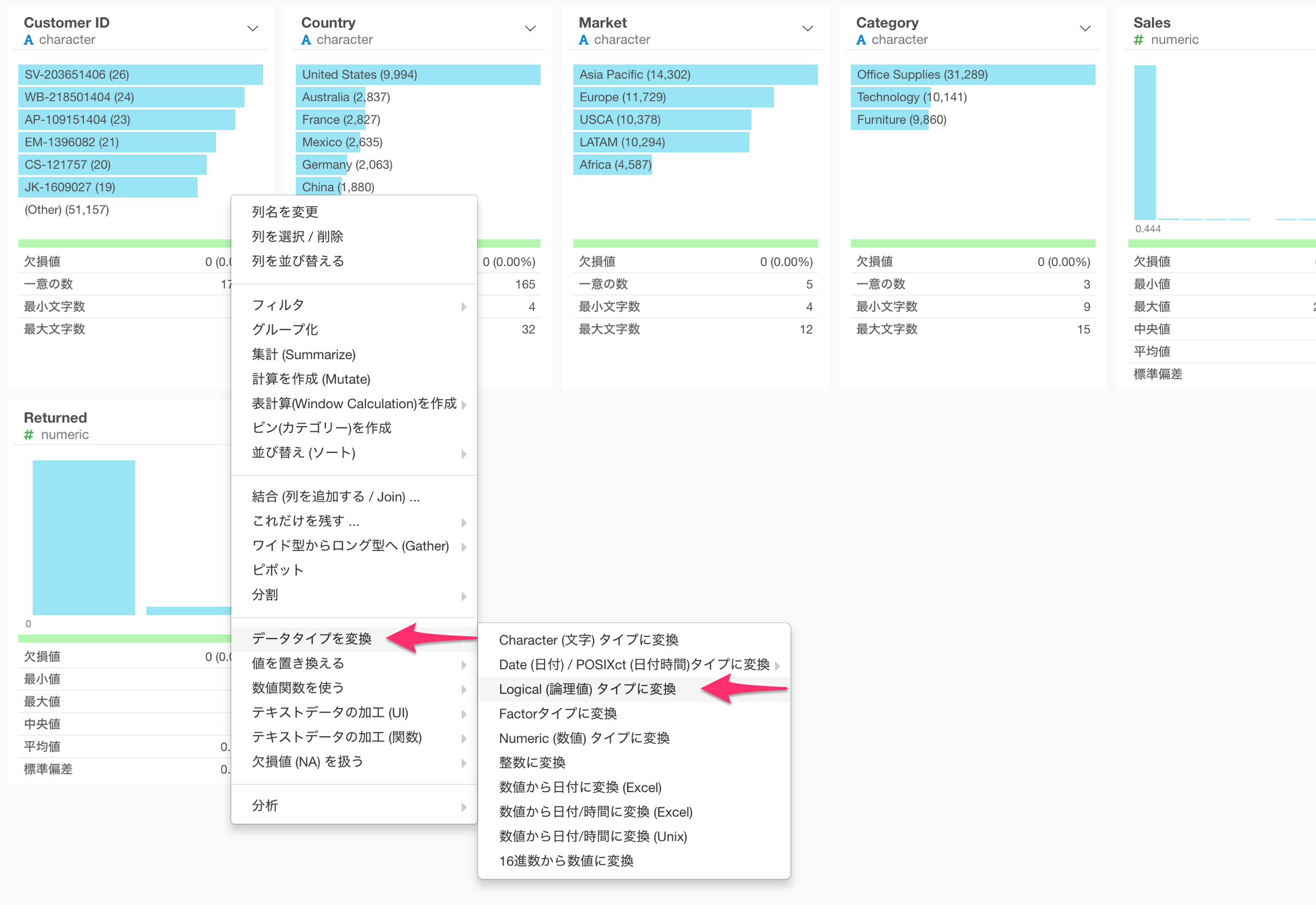 データタイプをロジカル型に変換する方法